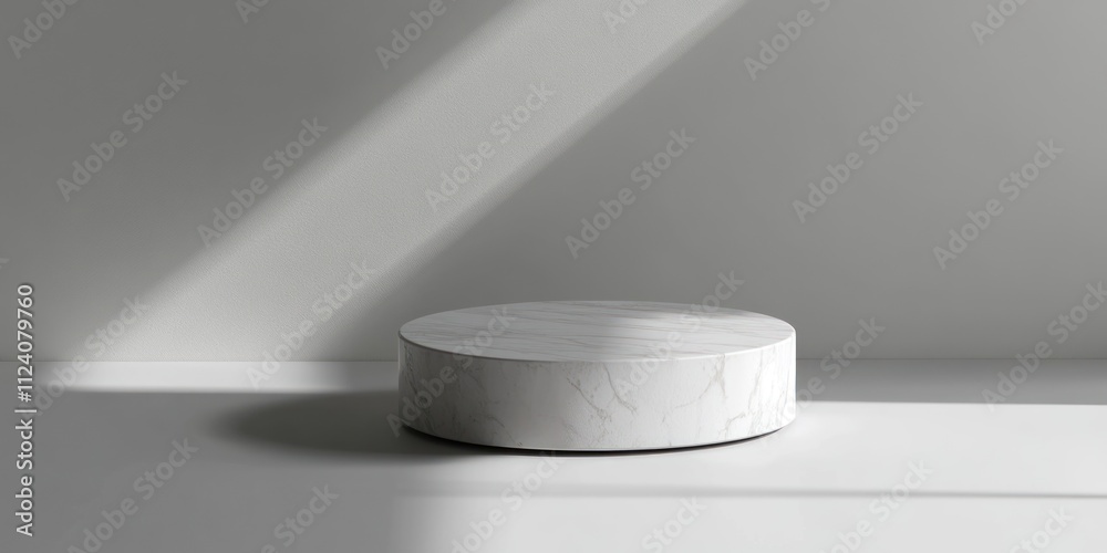 Poster a minimalist round marble pedestal casting shadows in a bright, empty space.