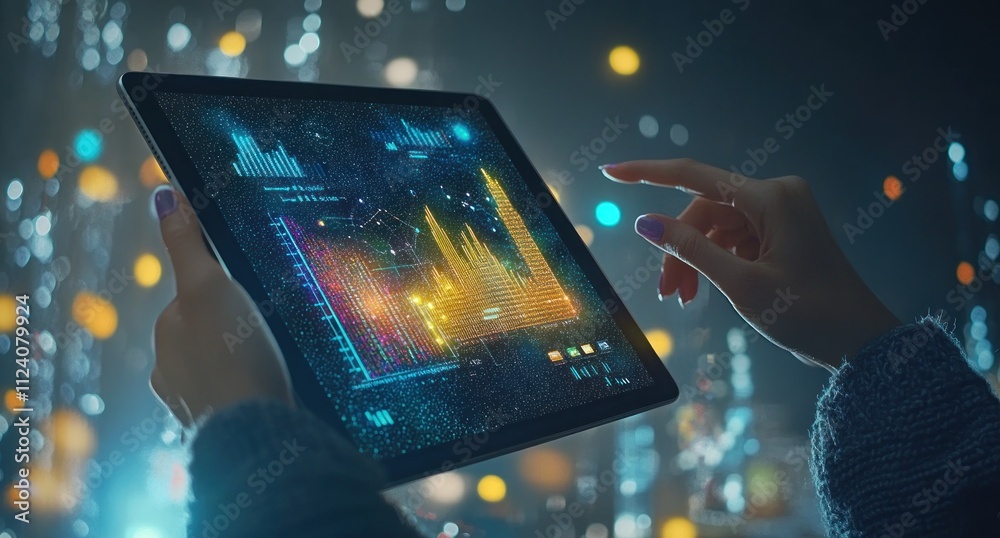 Poster A person interacting with a digital tablet displaying colorful data visualizations.