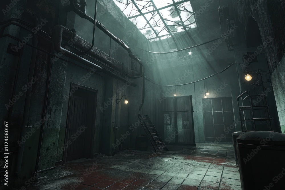 Poster A dimly lit industrial room with a staircase and large windows, creating an eerie atmosphere.