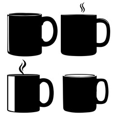 Obraz premium Four stylized black coffee mugs, varying in design, some with steam rising, representing a cozy coffee theme.