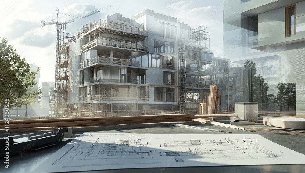 Poster a construction site with blueprints, showcasing modern architecture development.
