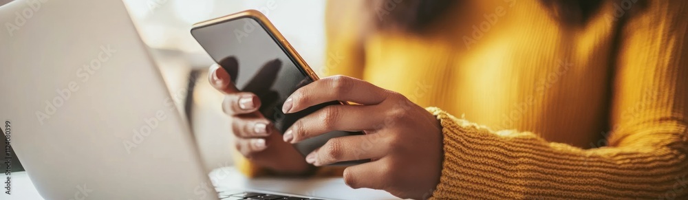 Poster A person holding a smartphone while using a laptop, suggesting multitasking or work.