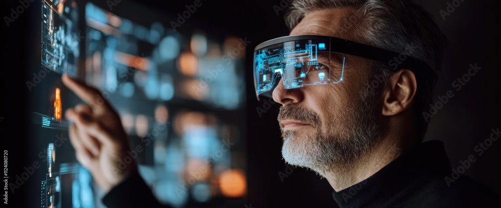 Poster A man using augmented reality glasses to interact with digital displays.