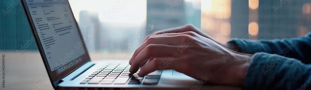 Poster a close-up of hands typing on a laptop with a cityscape in the background.