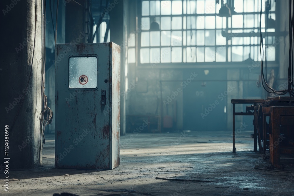 Poster a rusty refrigerator stands in a dimly lit industrial space with large windows.