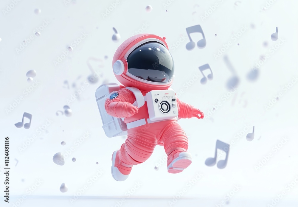 Poster a playful pink astronaut floats in space surrounded by musical notes.