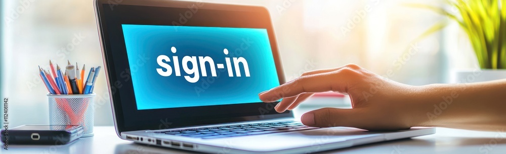 Poster a hand reaching towards a laptop screen displaying a sign-in prompt.