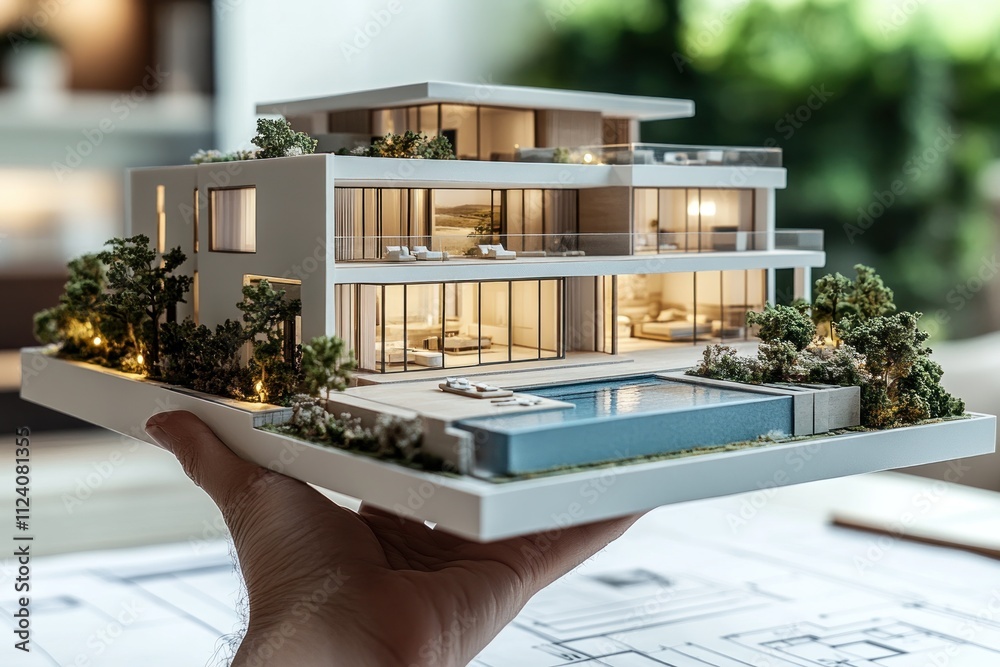 Poster a hand holds a detailed architectural model of a modern house with a pool and greenery.