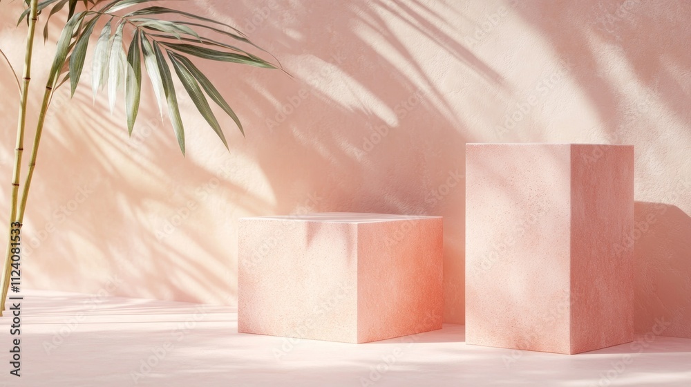 Poster a serene composition featuring pink geometric shapes and a palm leaf against a soft backdrop.