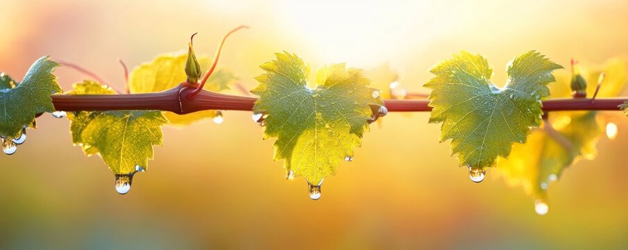 Heart-shaped leaves with dew in a sunlit background.