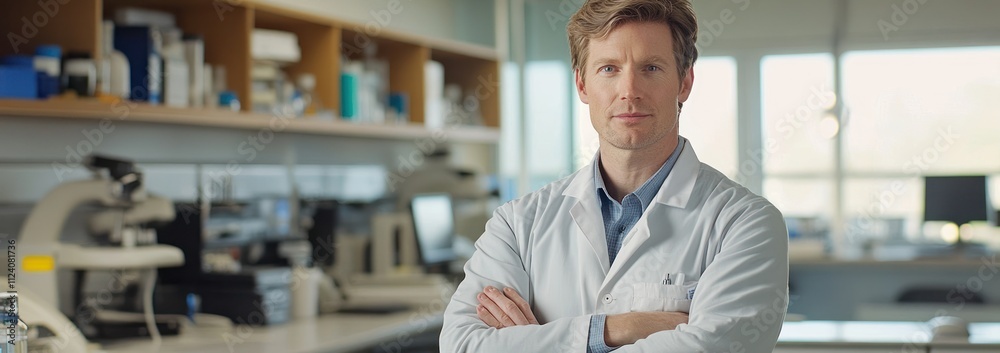 Poster a scientist in a lab coat stands confidently in a modern laboratory setting.