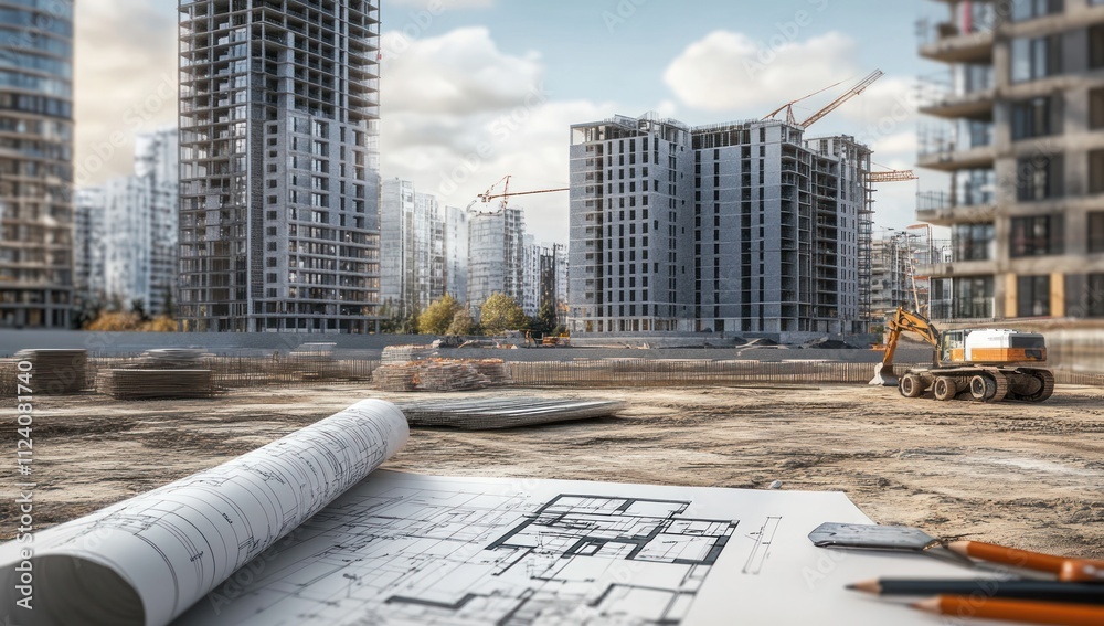 Poster construction site with blueprints and buildings under development.