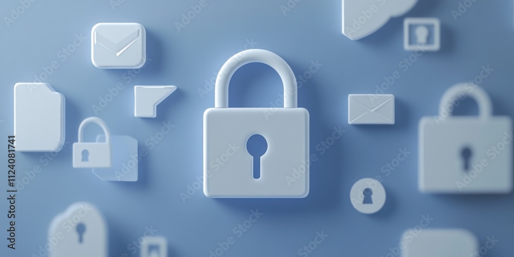 Aufkleber a digital illustration of a padlock surrounded by various security-related icons.