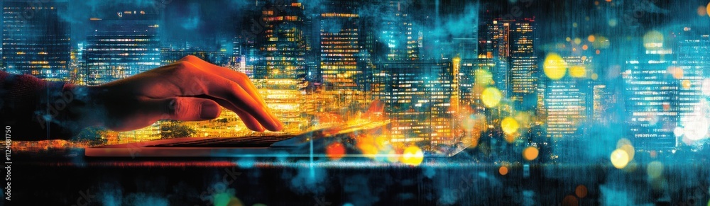 Poster a hand interacting with a digital interface against a vibrant cityscape backdrop.