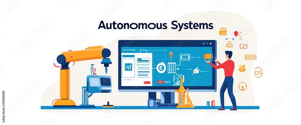 Fototapete Illustration of autonomous systems with a robot and a user interacting with a computer interface.