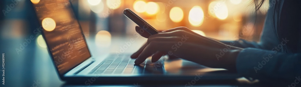 Poster A person using a smartphone while typing on a laptop, illuminated by soft lighting.