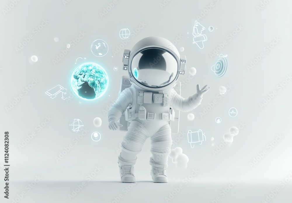 Poster an astronaut stands against a light background, surrounded by icons representing knowledge and explo