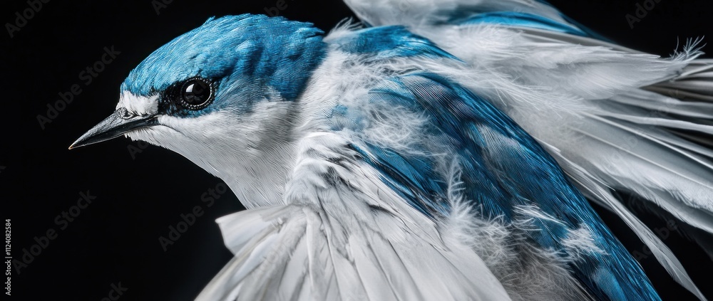 Poster A close-up of a vibrant blue bird with intricate feather details against a dark background.