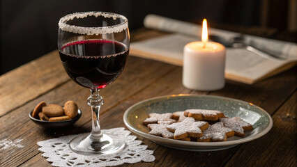 glass of red wine with sugared rim, accompanied by festive cookies, creates cozy atmosphere. candlelight adds warmth to wooden table setting