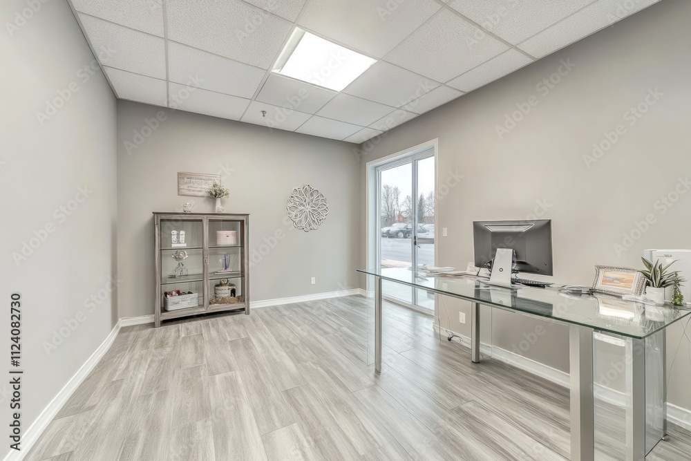 Poster modern office space with minimalist design and natural light.