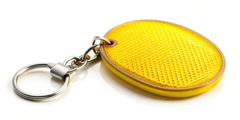 Yellow Pedestrian Safety Reflector Keyring Isolated on White Background, Highlighting Urban Safety Accessories for Enhanced Visibility in Low-Light Conditions