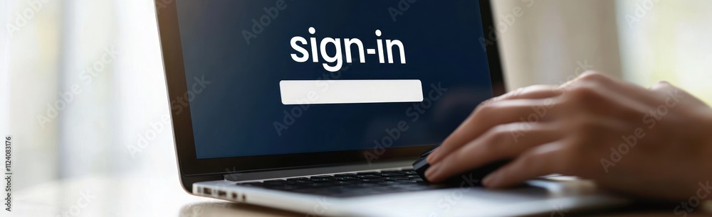 Poster a hand interacting with a laptop displaying a sign-in screen.