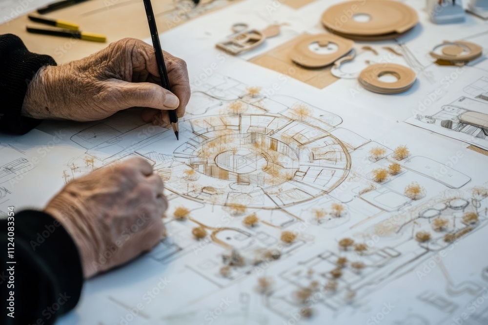 Poster A hand sketches architectural plans surrounded by design materials and tools.