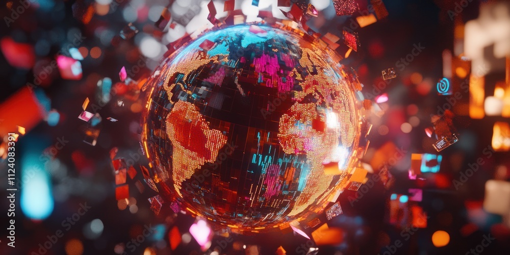 Aufkleber a digital globe surrounded by vibrant, fragmented elements, symbolizing global connectivity.