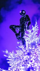 Fototapeta premium Robot Climbing A Tree With Bright Decorations