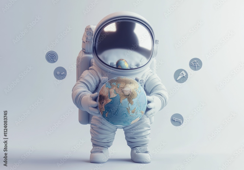 Poster An astronaut holds a globe, symbolizing exploration and technology in a modern context.
