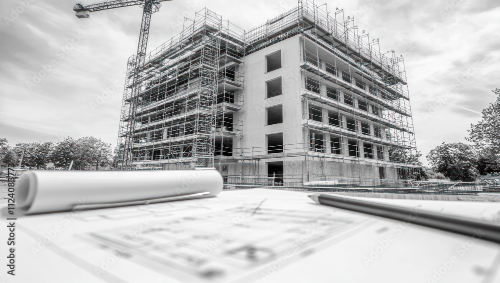 Aufkleber construction site with blueprints and scaffolding, showcasing building development.