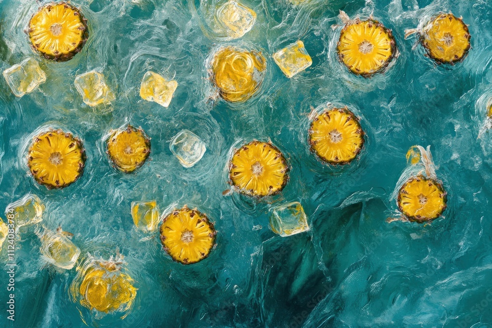 Poster A refreshing scene of pineapple slices and ice cubes floating in turquoise water.