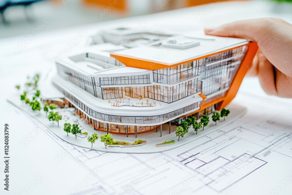 Aufkleber A detailed architectural model of a modern building on top of blueprints.