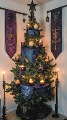 Decorative holiday tree with candles and banners