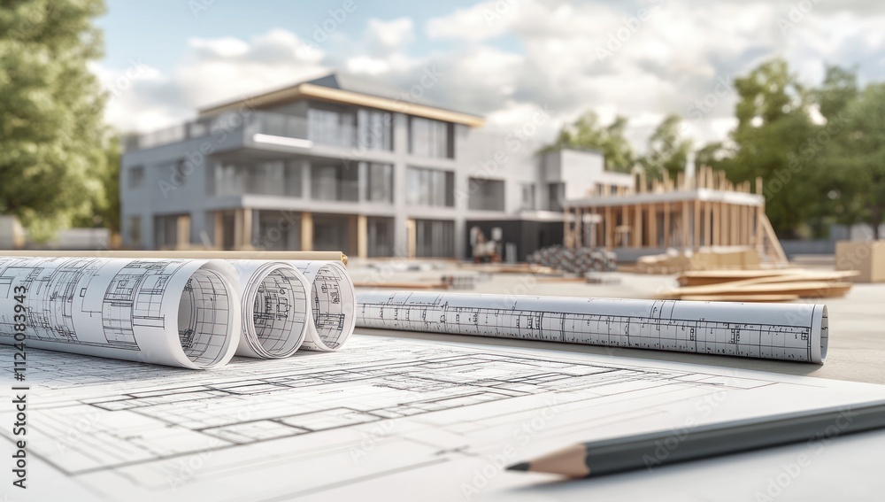 Poster architectural blueprints with a construction site in the background.