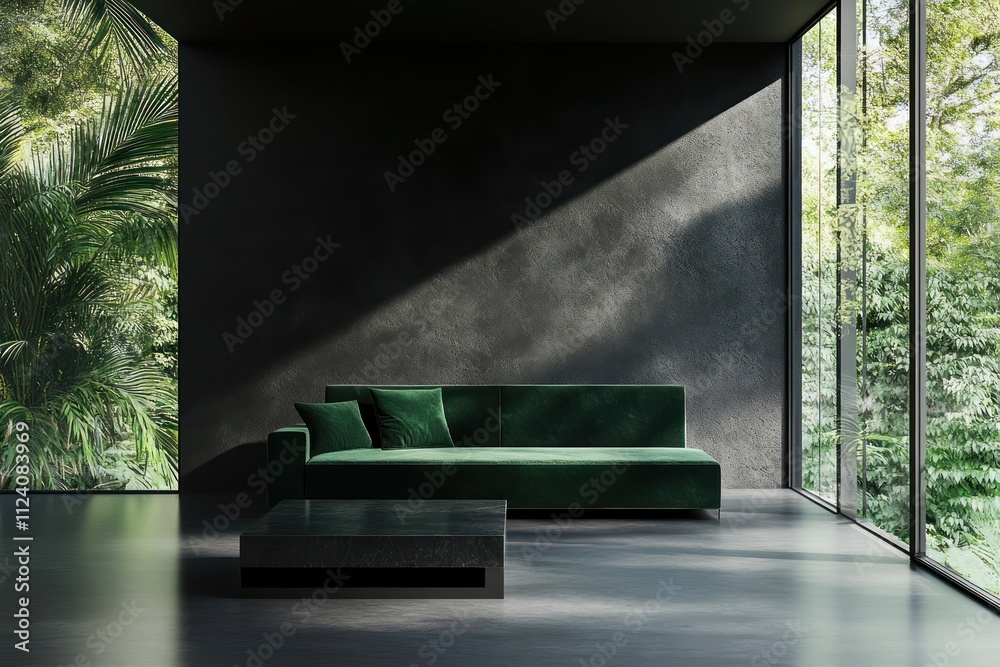 Poster a modern living room featuring a green sofa and large windows with a view of lush greenery.