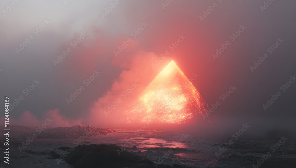 Aufkleber a glowing pyramid emerges from fog, creating a mysterious and surreal atmosphere.