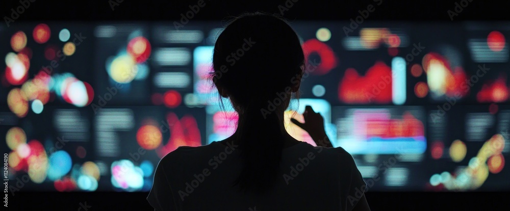 Poster A person interacts with a digital display showcasing vibrant data visualizations.