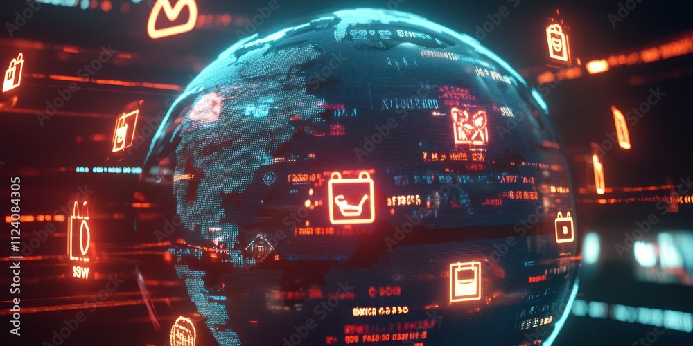 Poster a digital globe surrounded by glowing icons representing various online activities and commerce.