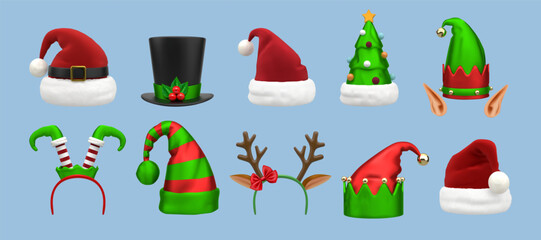 Elf ear. Christmas reindeer headband, 3d Santa costume with red nose and Xmas elves cap. Render cartoon isolated carnival costume elements. Xmas party, winter holiday. Vector headwear set © SpicyTruffel