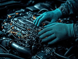 Fototapeta premium A close-up view of a person’s gloved hands working on a car engine, showcasing intricate machinery and components under dim lighting.