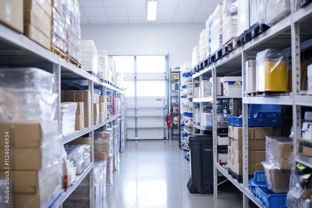 Aufkleber A tidy storage area with shelves filled with various boxes and containers.