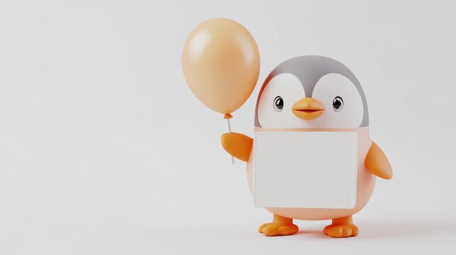 A cute cartoon penguin holding a balloon and a blank sign for customizable messages. - Powered by Adobe