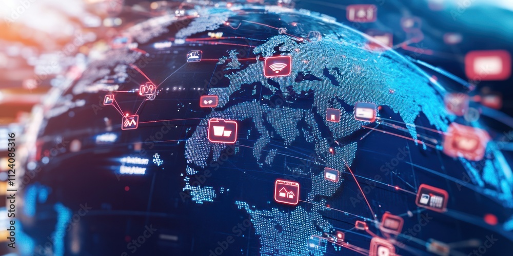 Poster a digital globe with social media icons and network connections illustrating global connectivity.