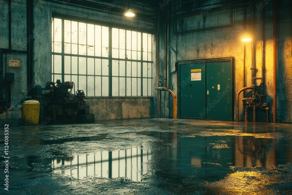 Poster industrial interior with wet floor and large windows, creating a moody atmosphere.