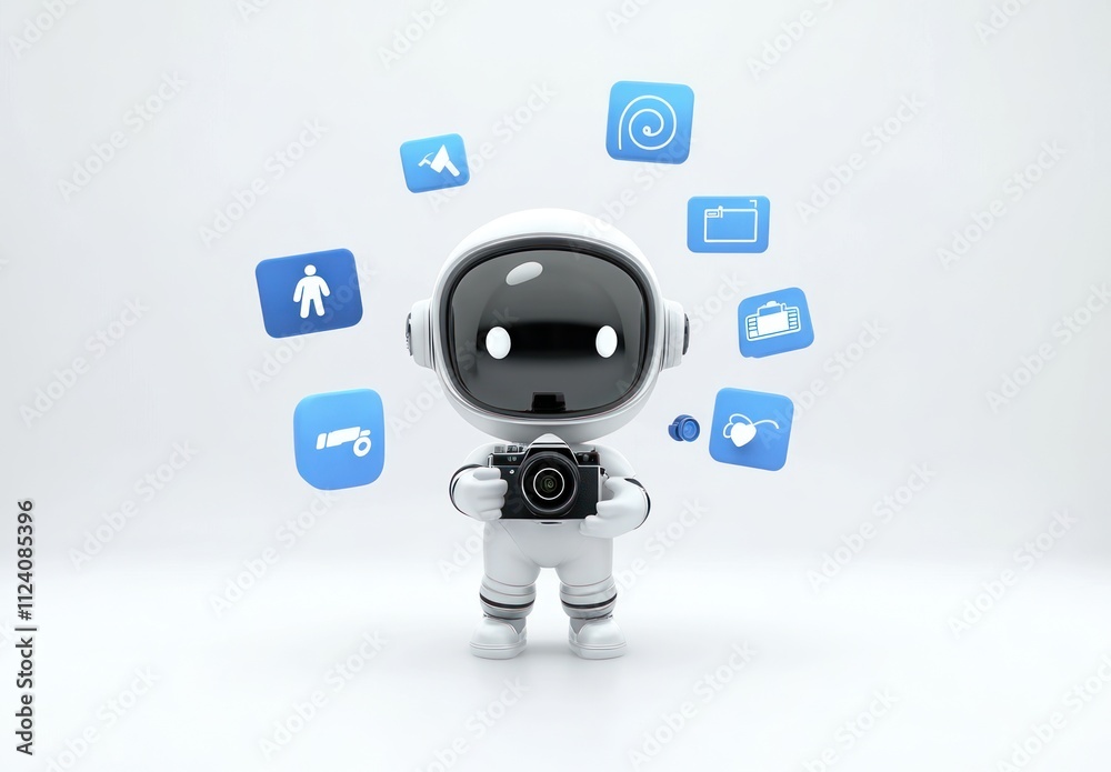Leinwandbilder a cute robot in a spacesuit holds a camera, surrounded by various icons representing activities.