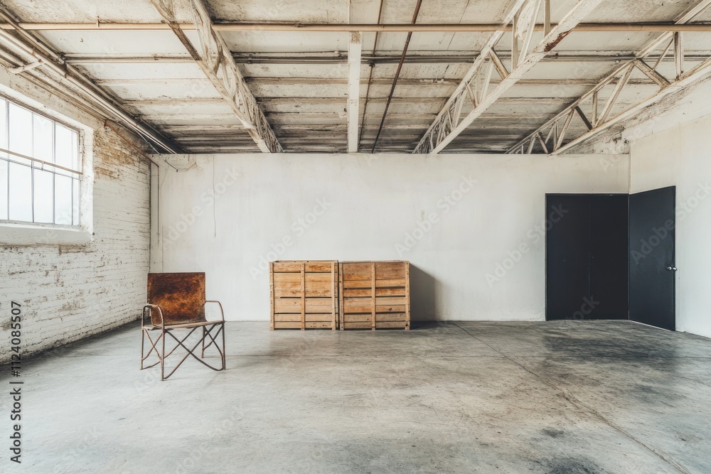 Poster a minimalist interior featuring a chair and wooden crates in an empty space.
