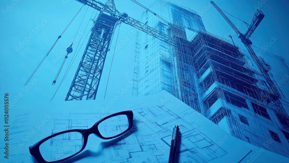 Poster construction site with blueprints and glasses, emphasizing architectural planning.