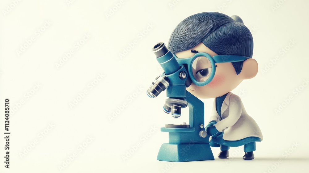 Poster a cartoon character in a lab coat examines a slide under a microscope.