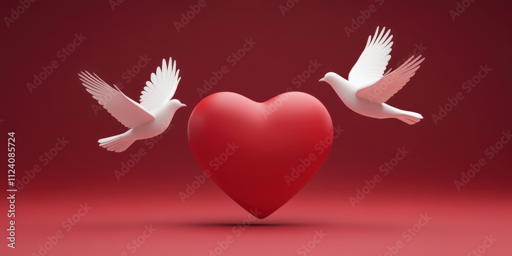 Poster Two doves flying around a large red heart on a gradient background.